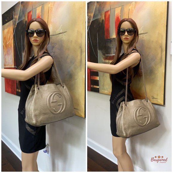 Authentic GUCCI Gold Metallic Pebbled Calfskin Medium Soho Chain Shoulder Bag - Picture 4 of 13